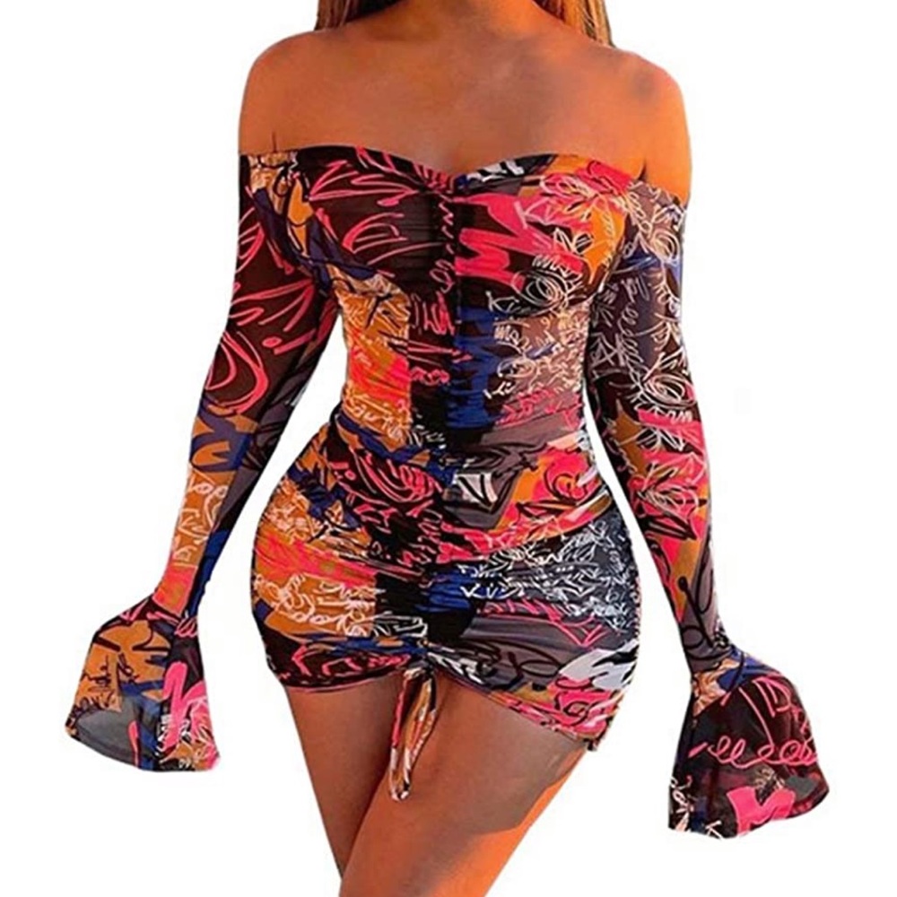 Women Sexy Off Shoulder Bell Sleeve Ruched Front